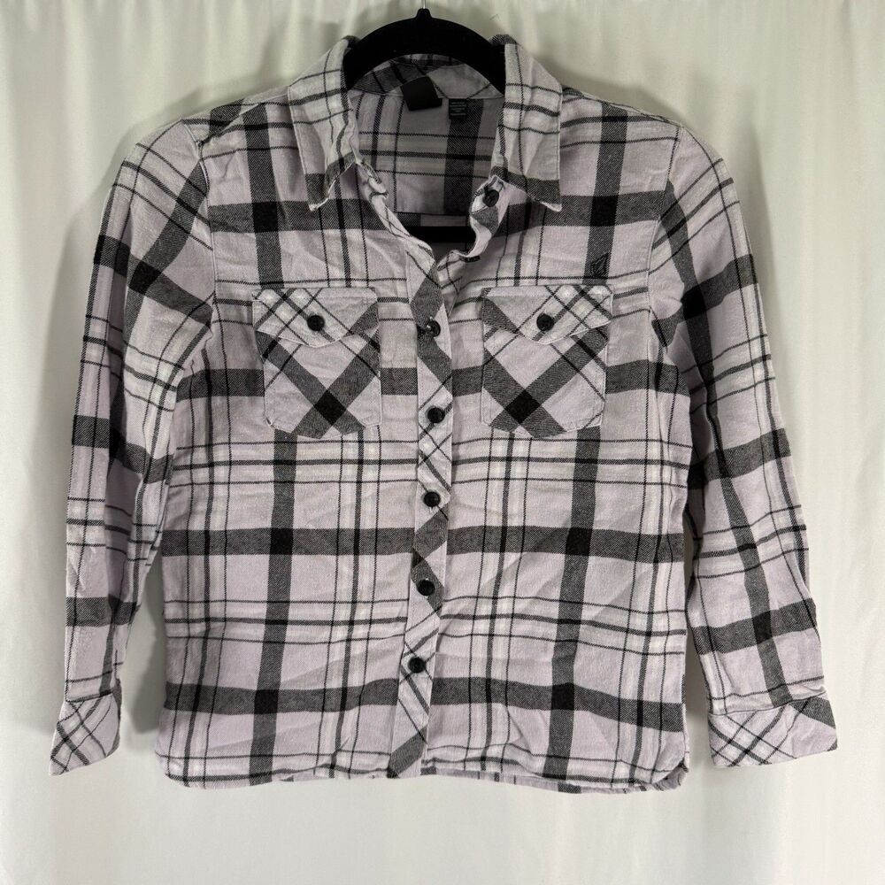 New Volcom Flannel Shirt Boys Small 7/8 Purple Plaid Button Up Long Sleeve Rad